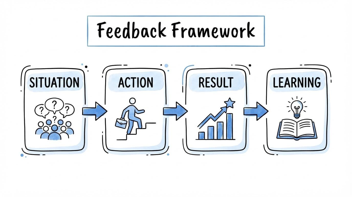 Black-and-blue four-step feedback diagram with connected boxes on white.