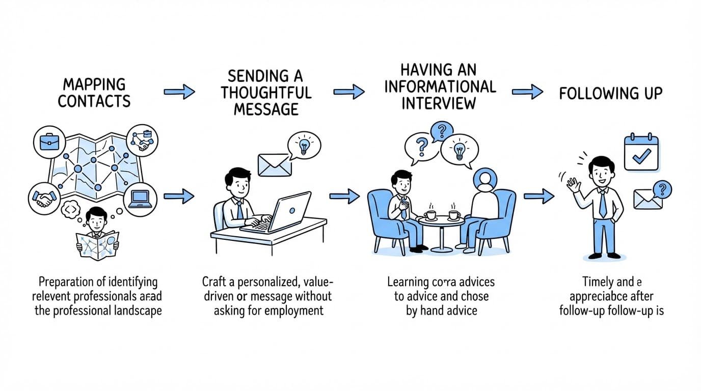 Four illustrated steps show how to build professional relationships without asking for a job.