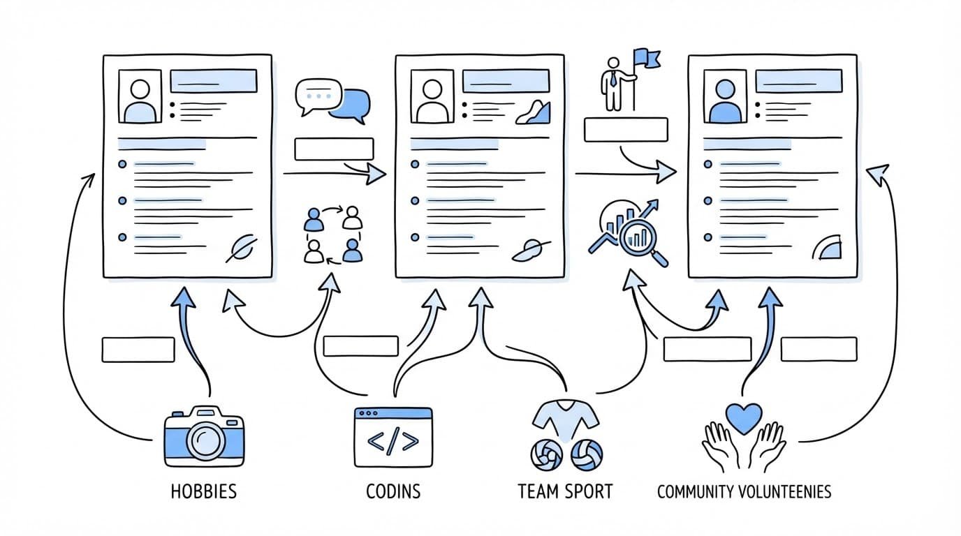 Resume cards connect hobby icons with transferable skill symbols.
