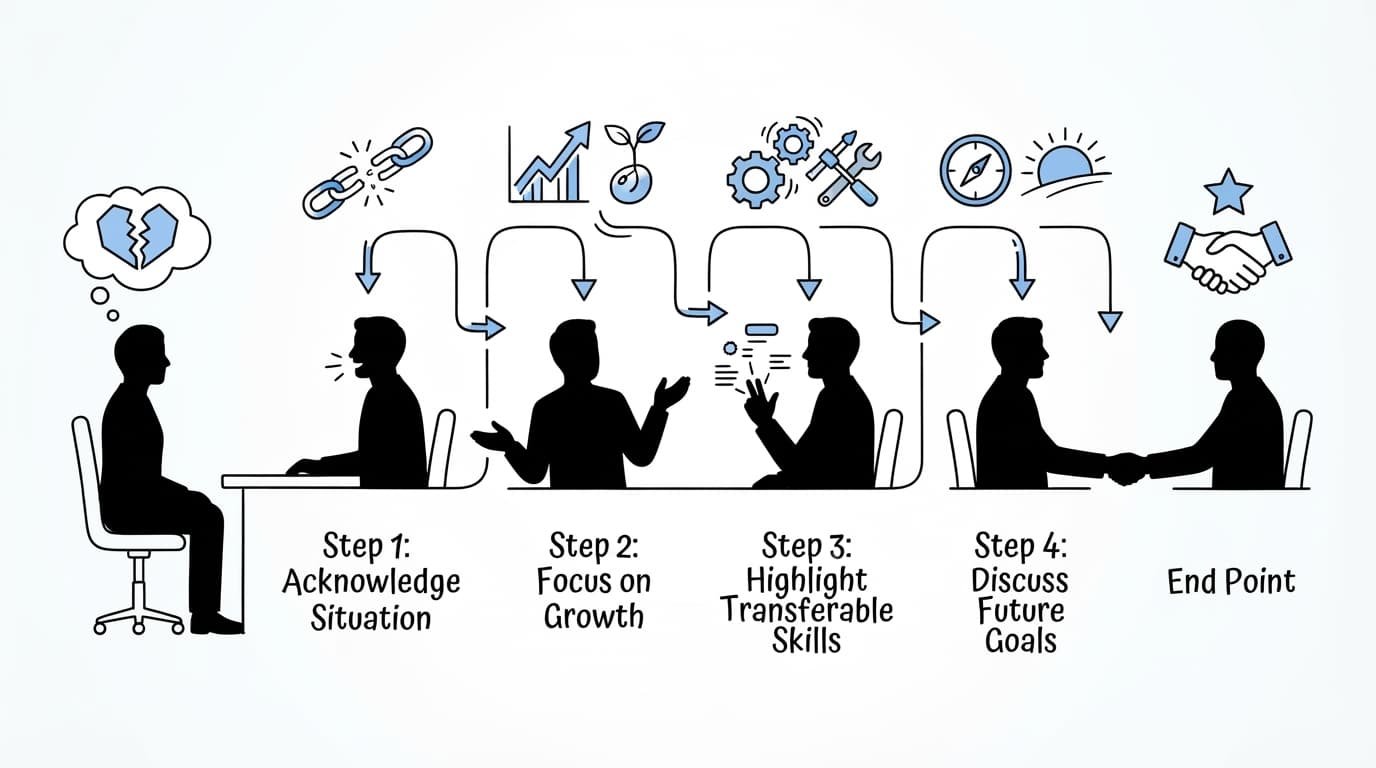 A blue and black step-by-step interview framework beside one person silhouette.