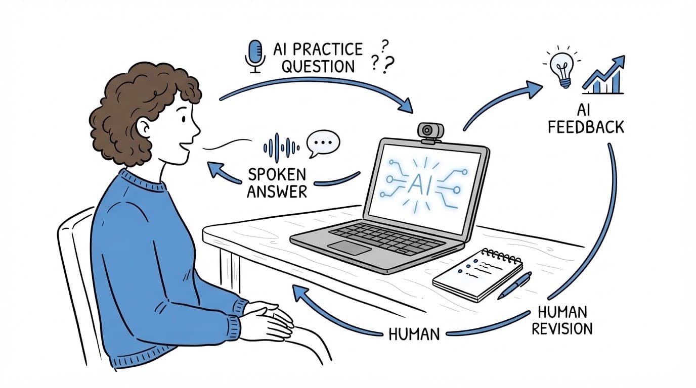 A job seeker practices interview answers beside a laptop and handwritten notes.