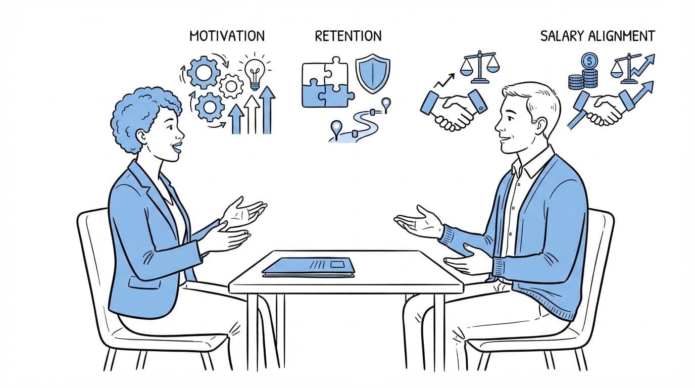Candidate and hiring manager discuss role fit across a small table.
