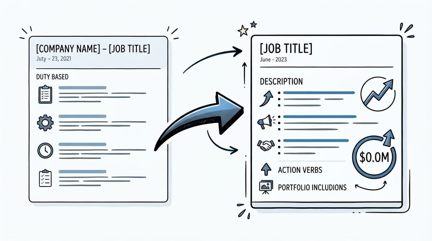 Infographic showing a LinkedIn entry changing from job duties to measurable achievements.