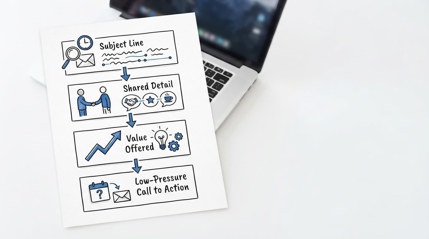 Hand-drawn email outline beside a laptop with four connected sections.