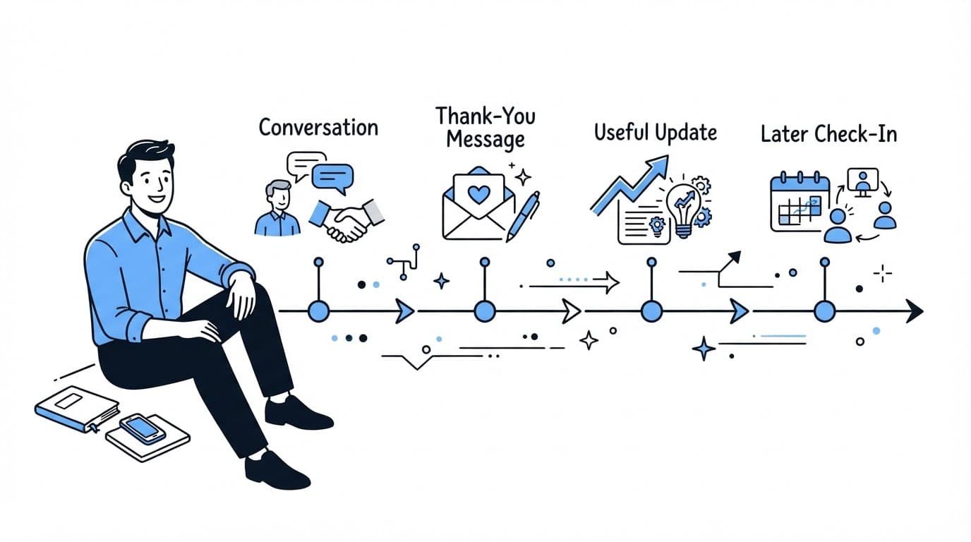 A professional beside a networking follow-up timeline with a phone and notebook.