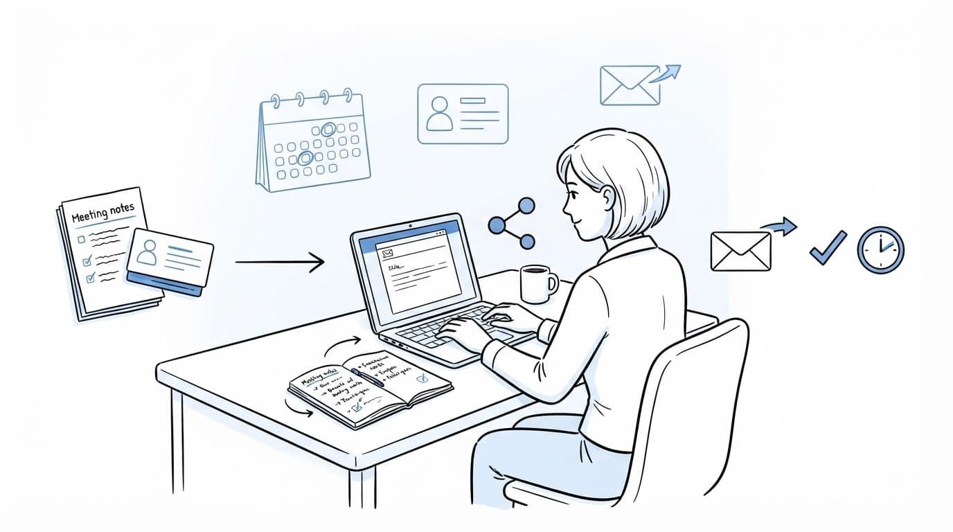 Job seeker organizing a networking email workflow beside a laptop, notebook, and coffee.