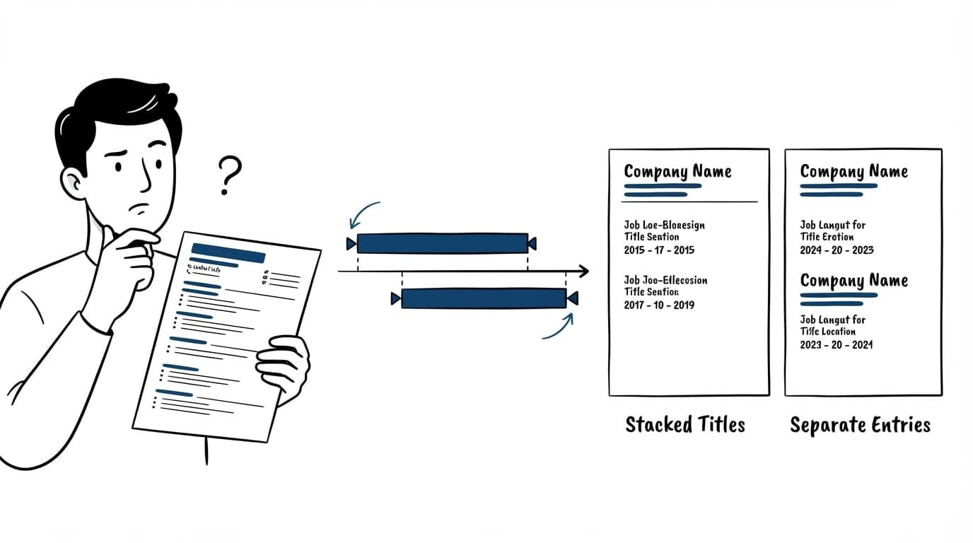 Person holding a resume beside overlapping job timelines.