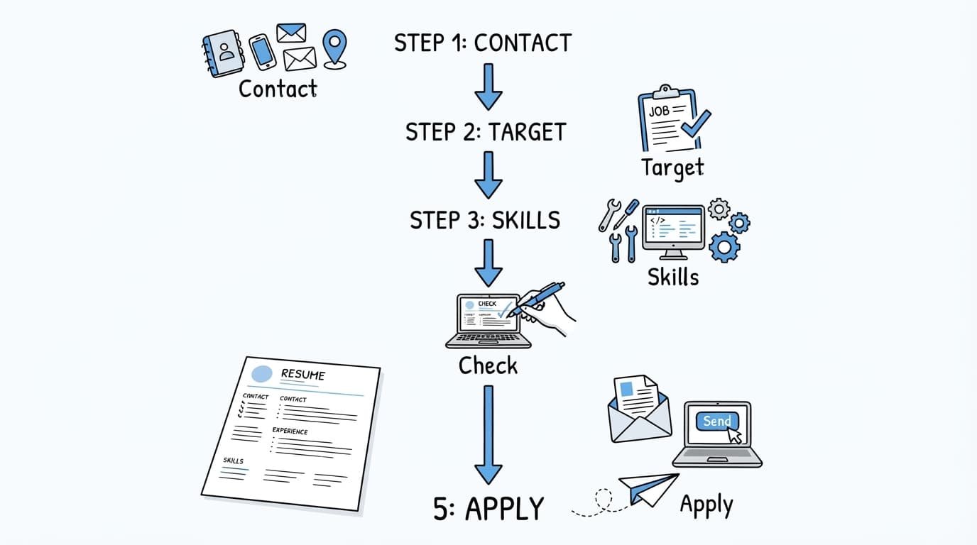 Five resume steps beside a small laptop on a white workspace.