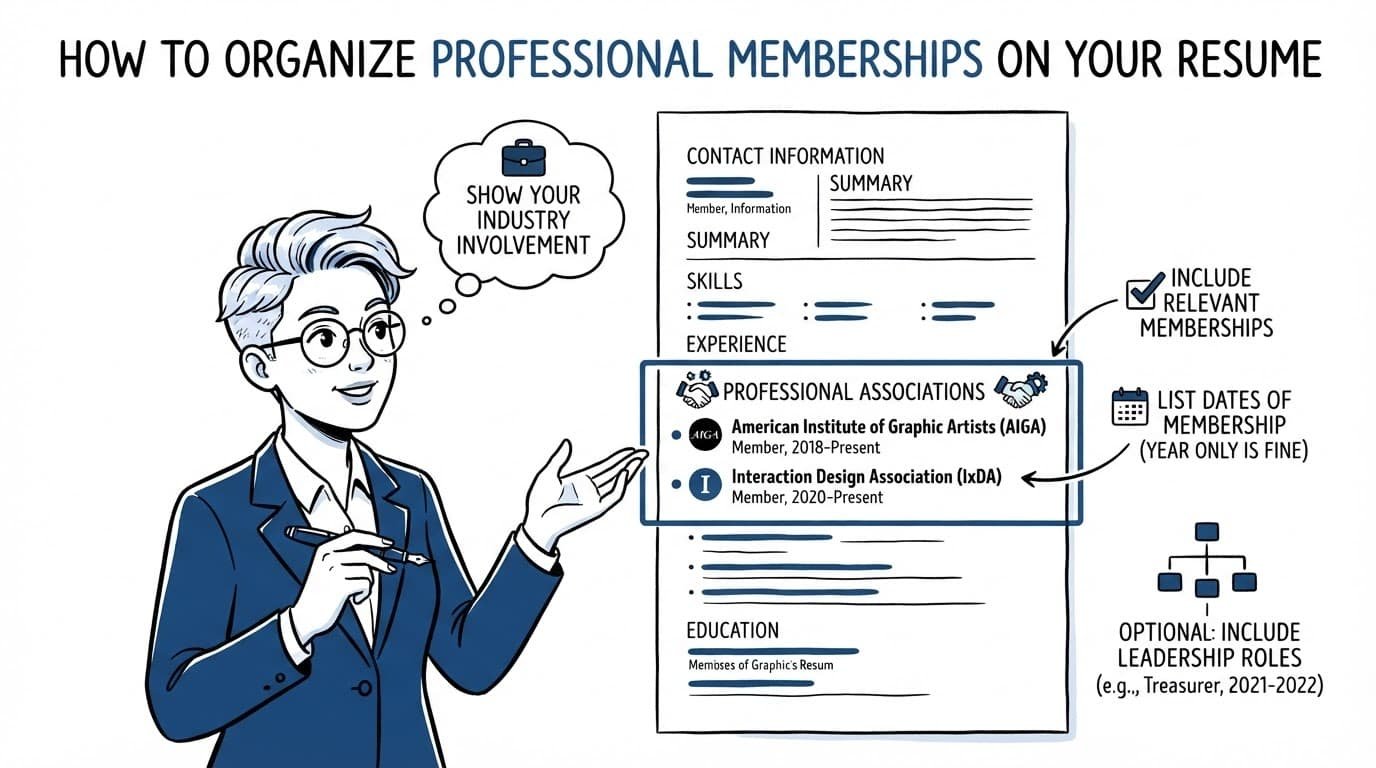 Hand-drawn resume infographic with a highlighted professional association section and one person.