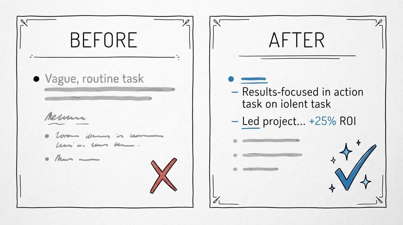 Two resume panels compare a vague bullet with a concise, results-focused version.