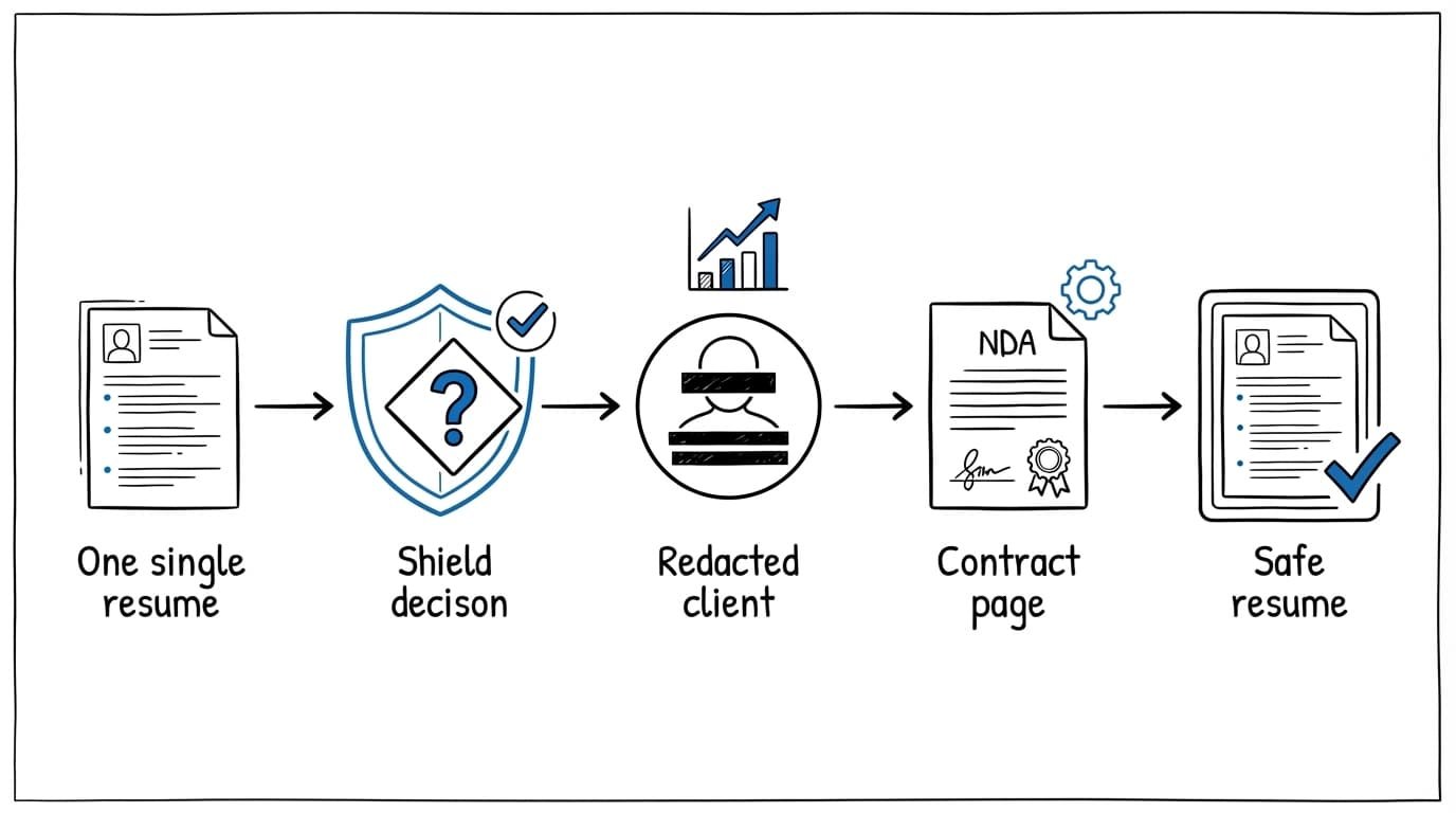 Flowchart showing how to check confidential work before adding it to a resume.