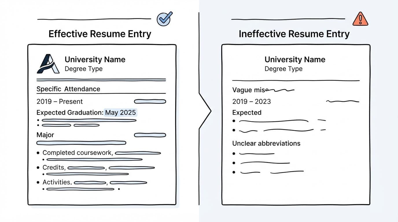 Two resume cards compare a clear education entry with a vague one.