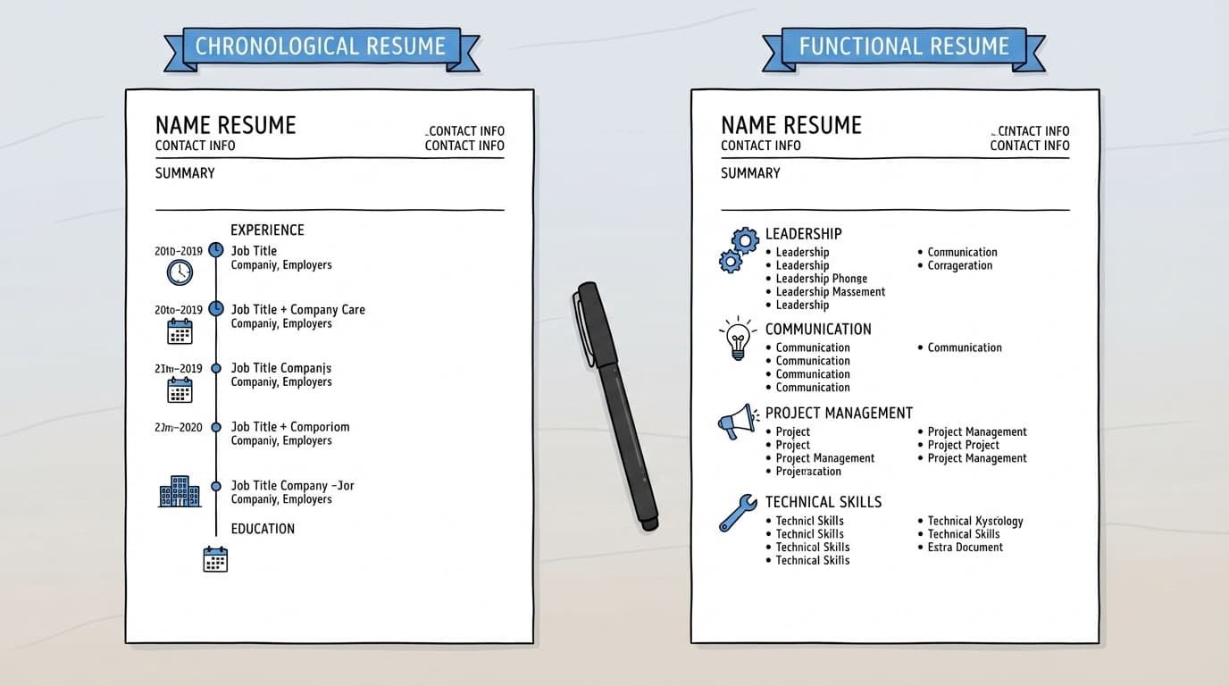 Two resume layouts compare dates and employers with grouped skills.