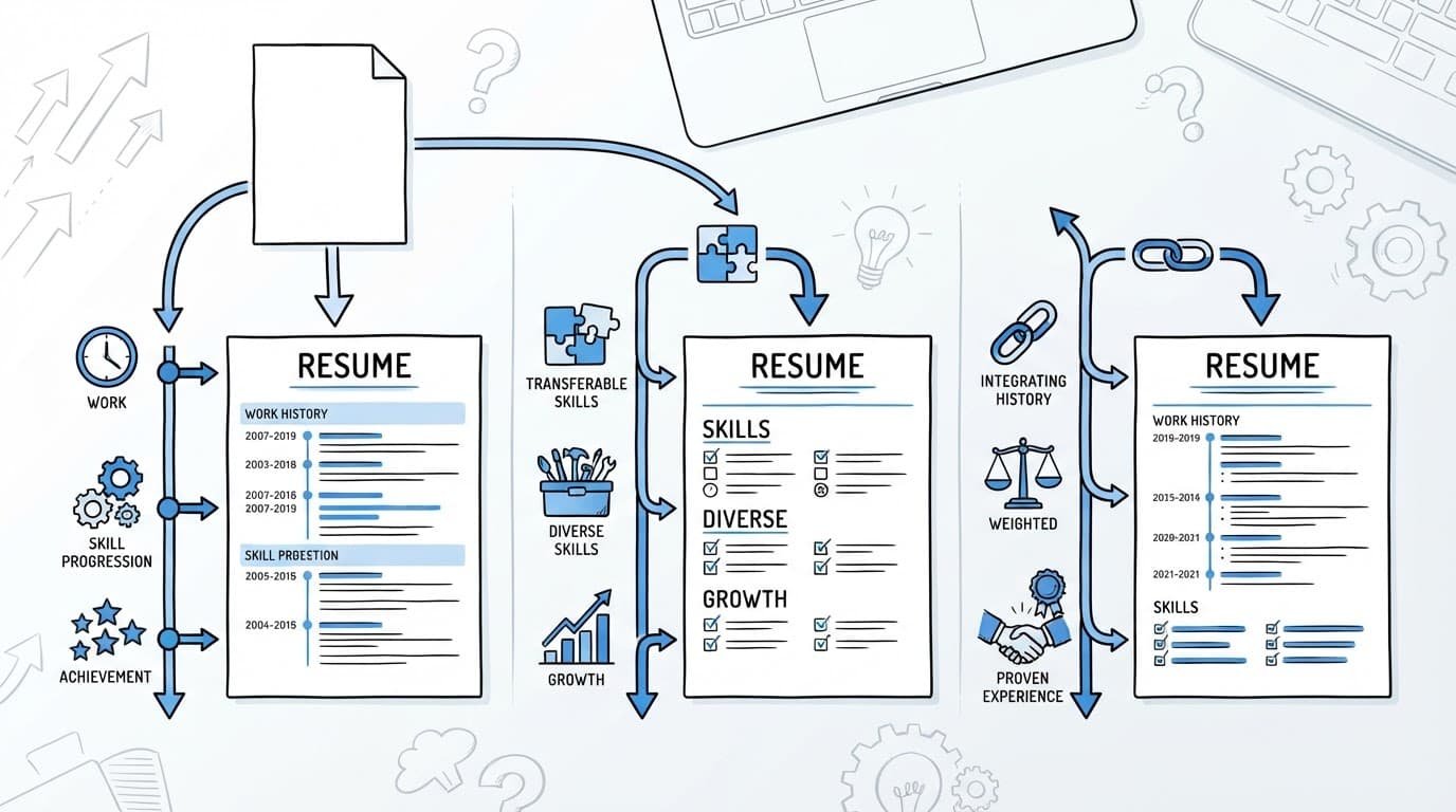 Three resume sheets show chronological, skills-based, and hybrid career paths.