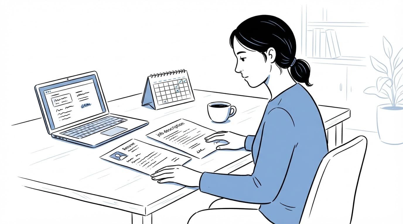 A person reviews a resume and job description beside a laptop and coffee cup.
