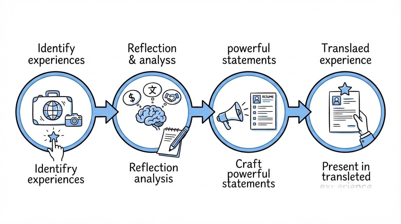 Four blue and black icons connected in a horizontal resume-writing process diagram.
