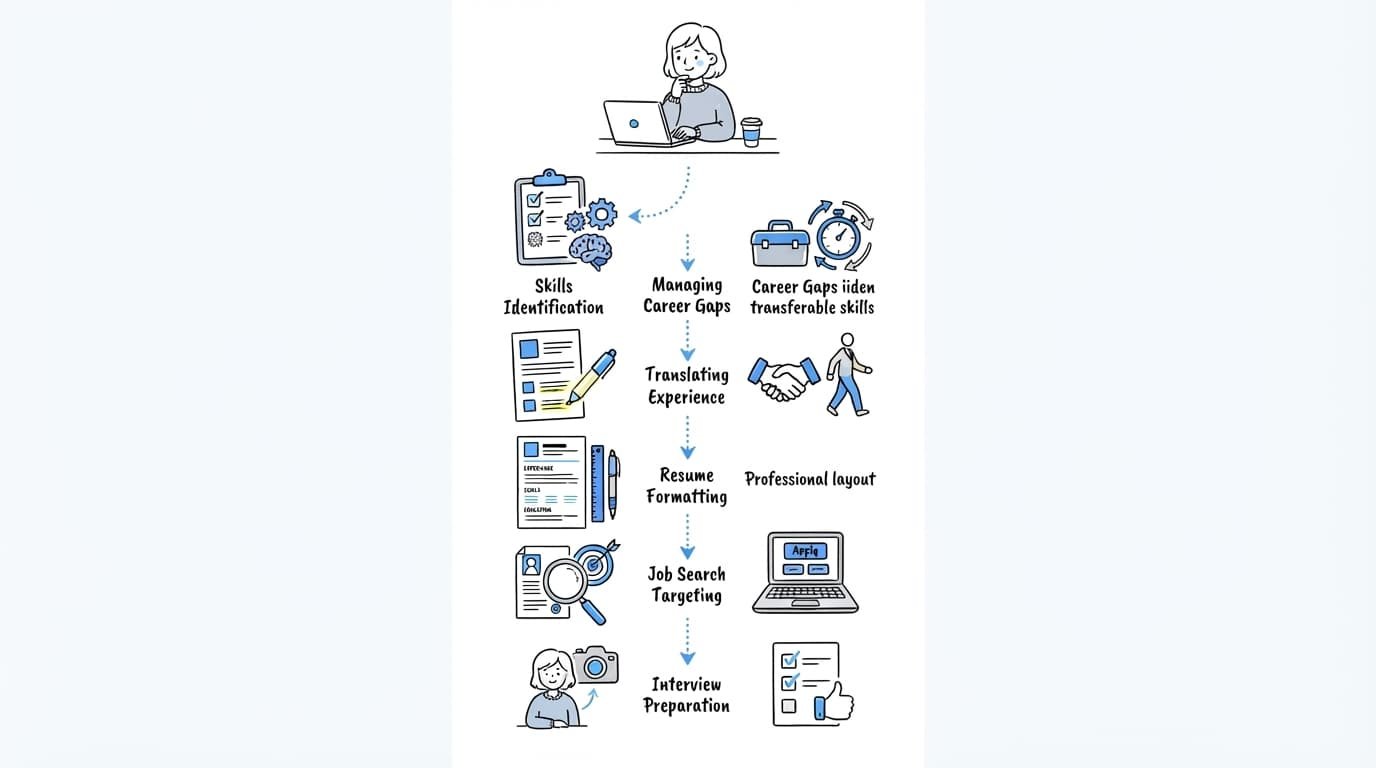Hand-drawn resume infographic with skill, formatting, and optimization icons and one small person symbol.