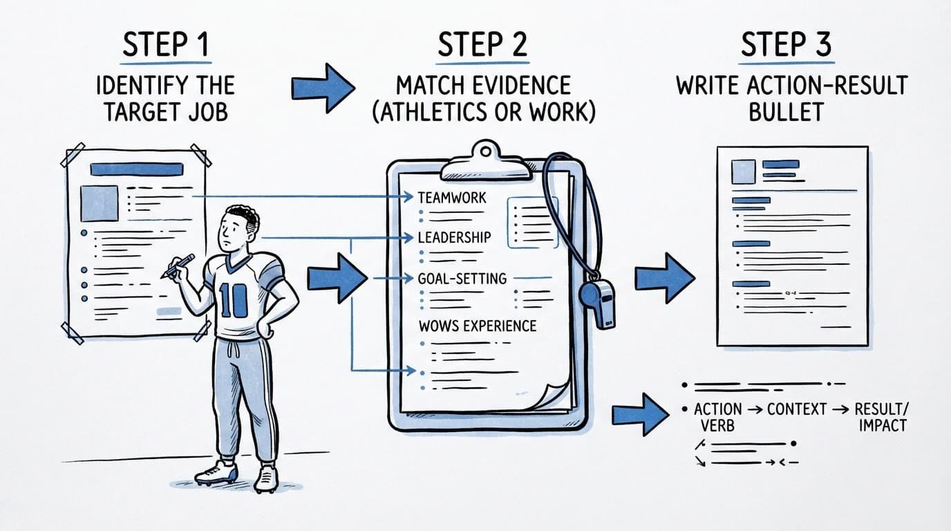 A student athlete matches job requirements with experience to build a resume bullet.