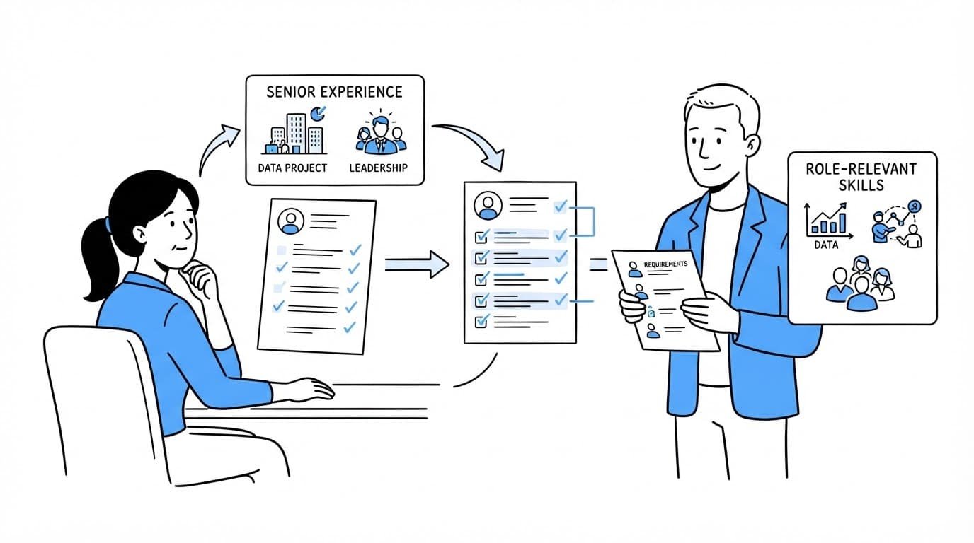 A job seeker and recruiter review a resume with blue skill checkmarks.