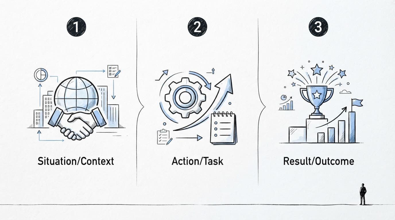 A three-step interview framework infographic with simple icons and a tiny person in the corner.