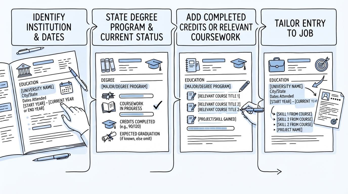Four panels show how to include an unfinished degree on a resume.