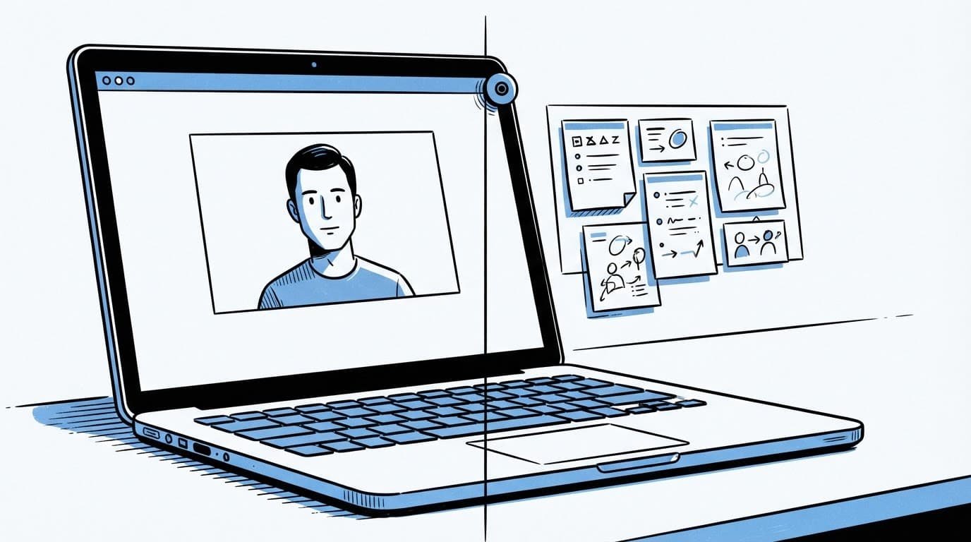 Laptop showing a video call with digital notes beside the webcam.
