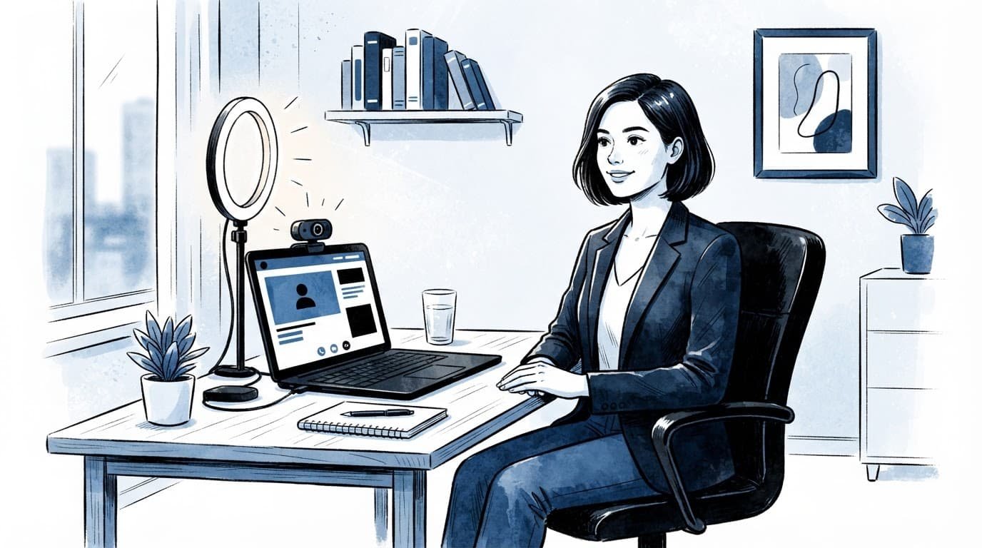 A job seeker sits at a desk with a laptop and webcam for a virtual interview.