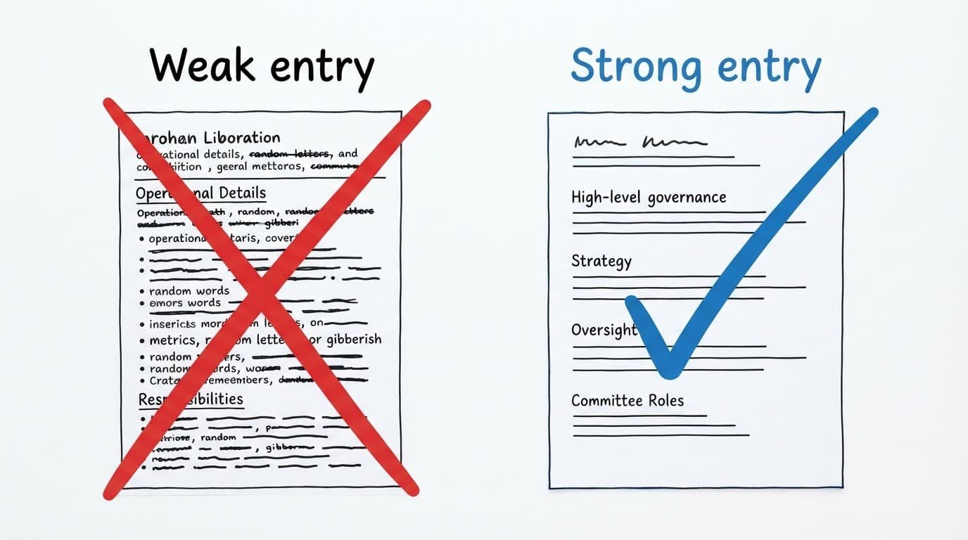 Two resume cards compare weak and strong board experience entries with red and blue marks.