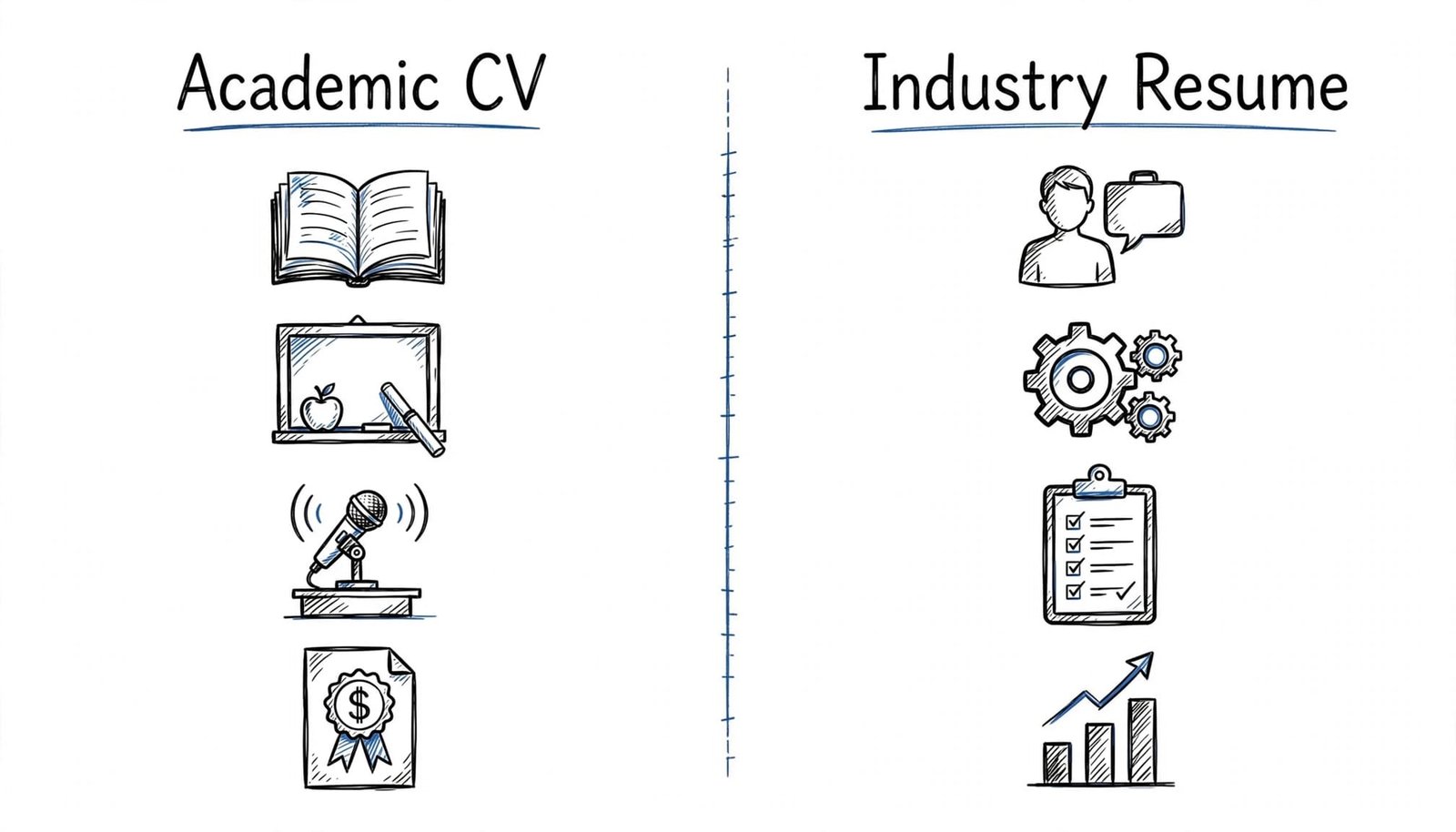 Infographic comparing an academic CV and an industry resume with blue icons.