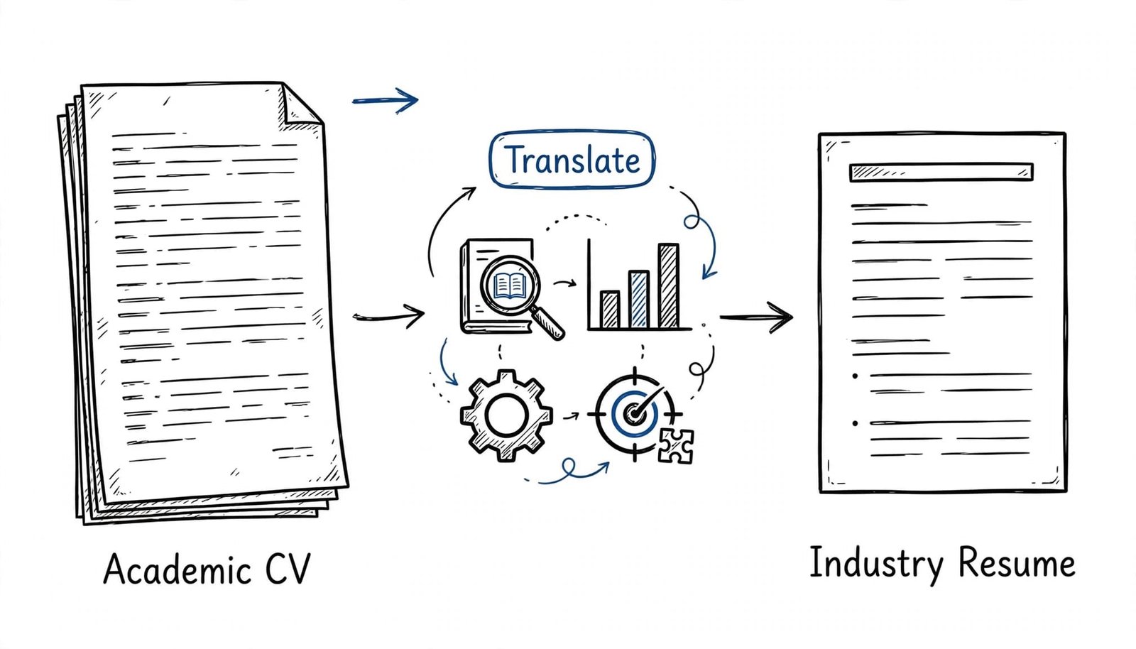 Three panels show an academic CV transformed into a focused industry resume.