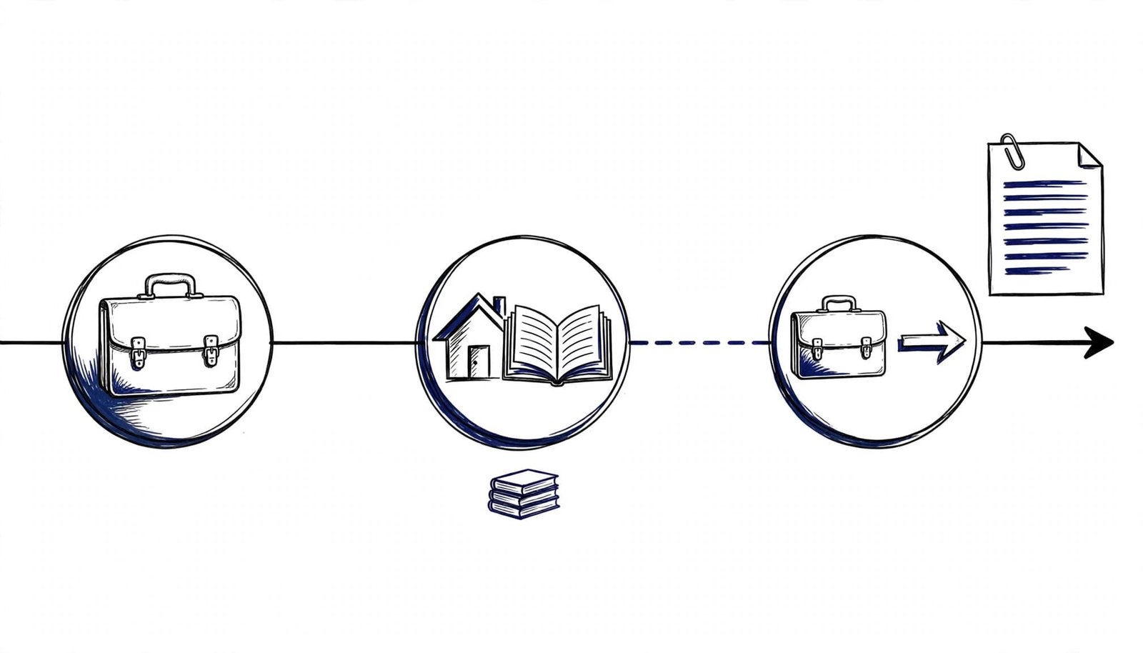 A timeline links a work briefcase, a home with a book, and a path back to work.