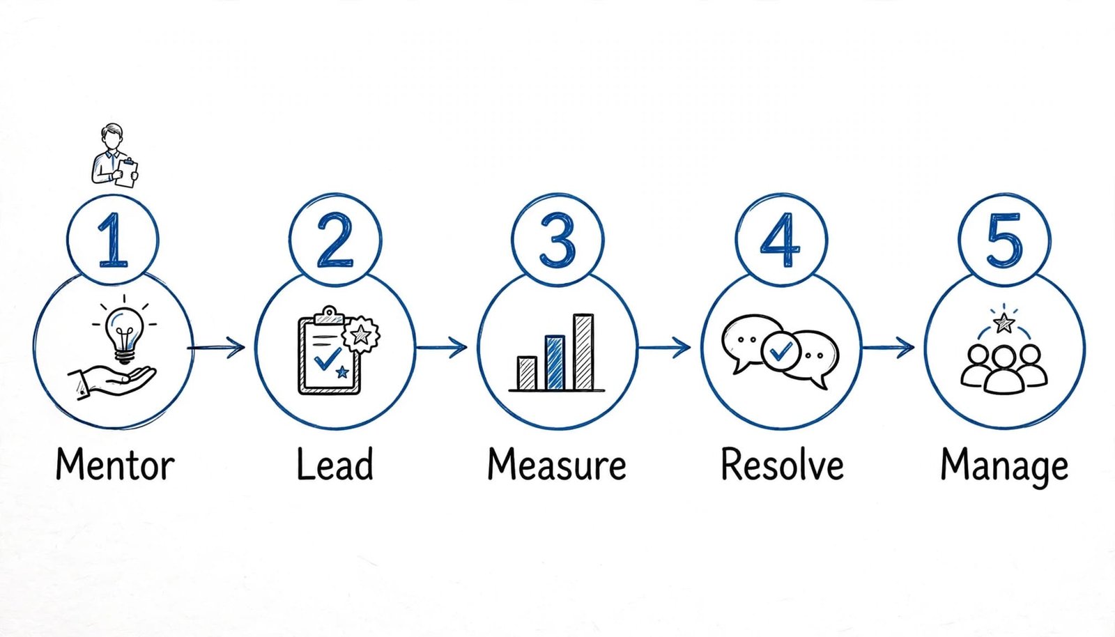 A five-step timeline showing the path from individual contributor to first-time manager.