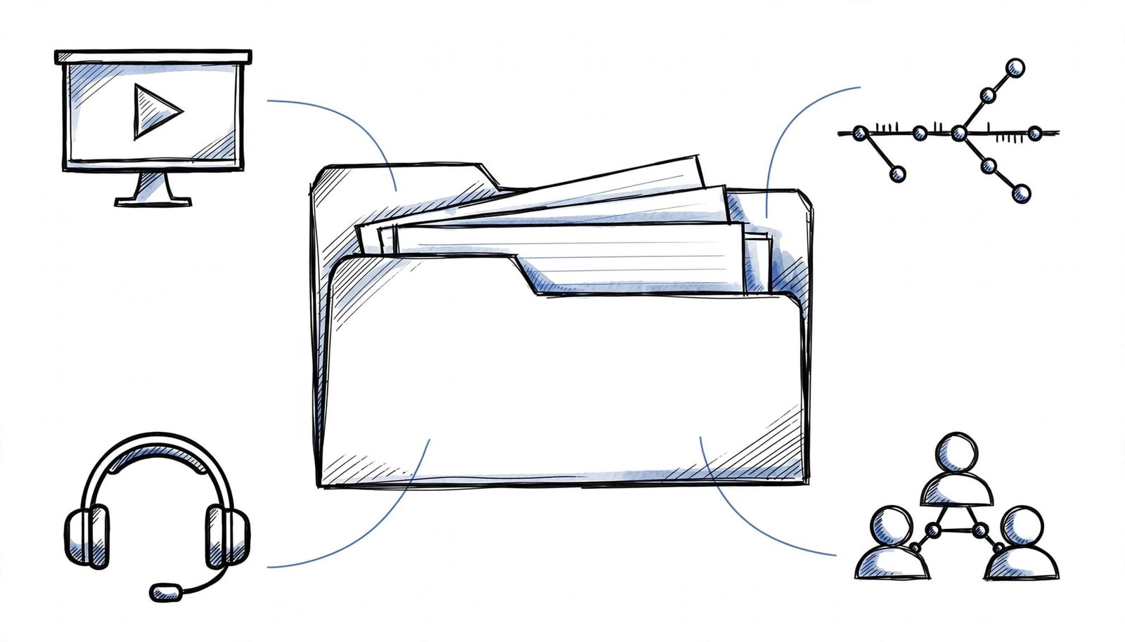 An open folder connects to four career icons with thin blue lines.