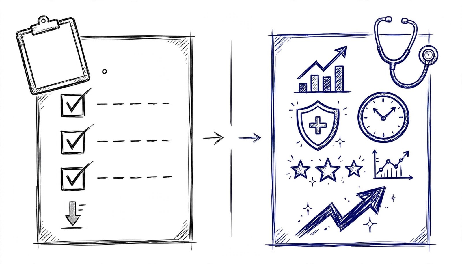 Hand-drawn healthcare resume panels compare routine duties with measurable clinical outcomes.