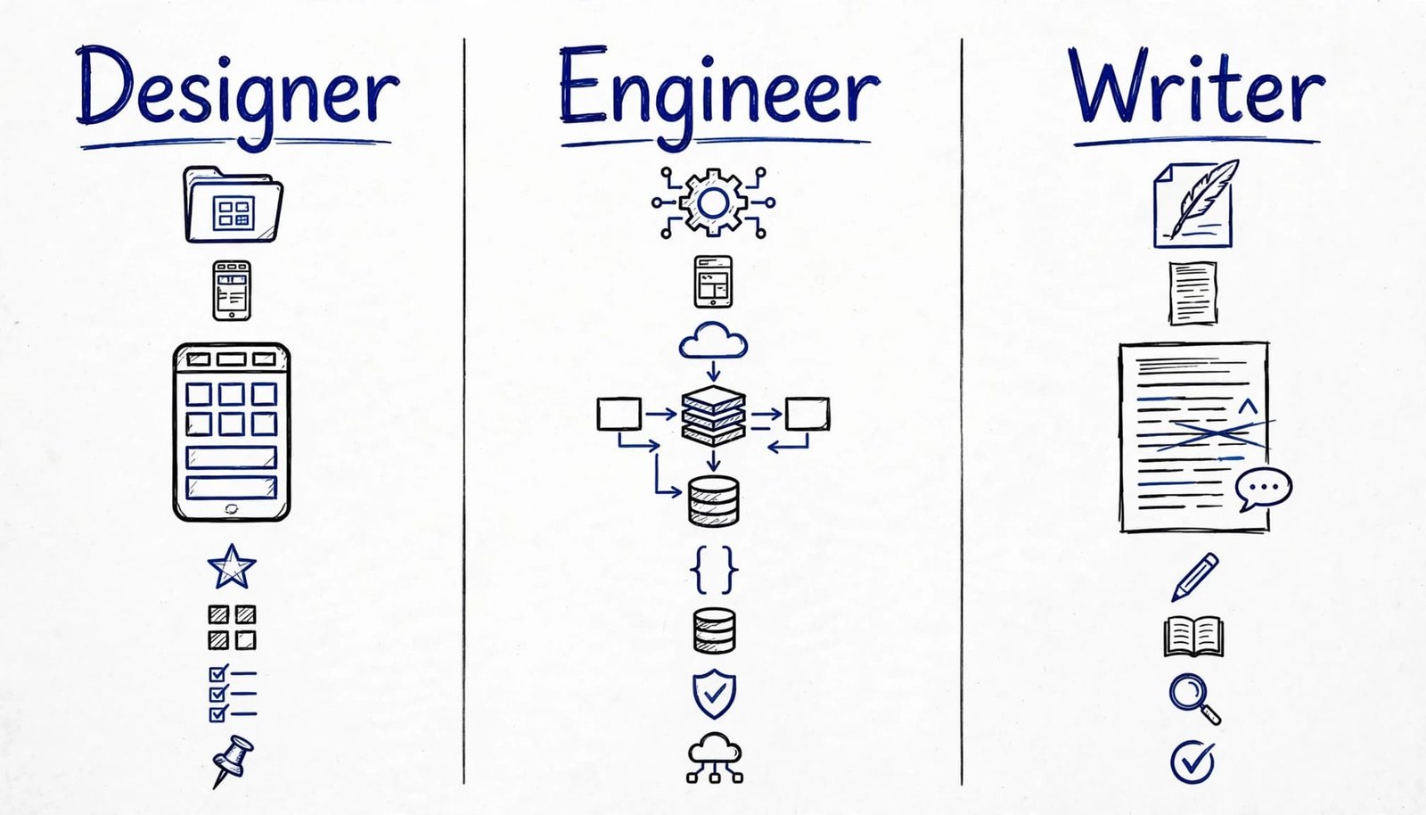 Three columns compare portfolio examples for a designer, engineer, and writer.