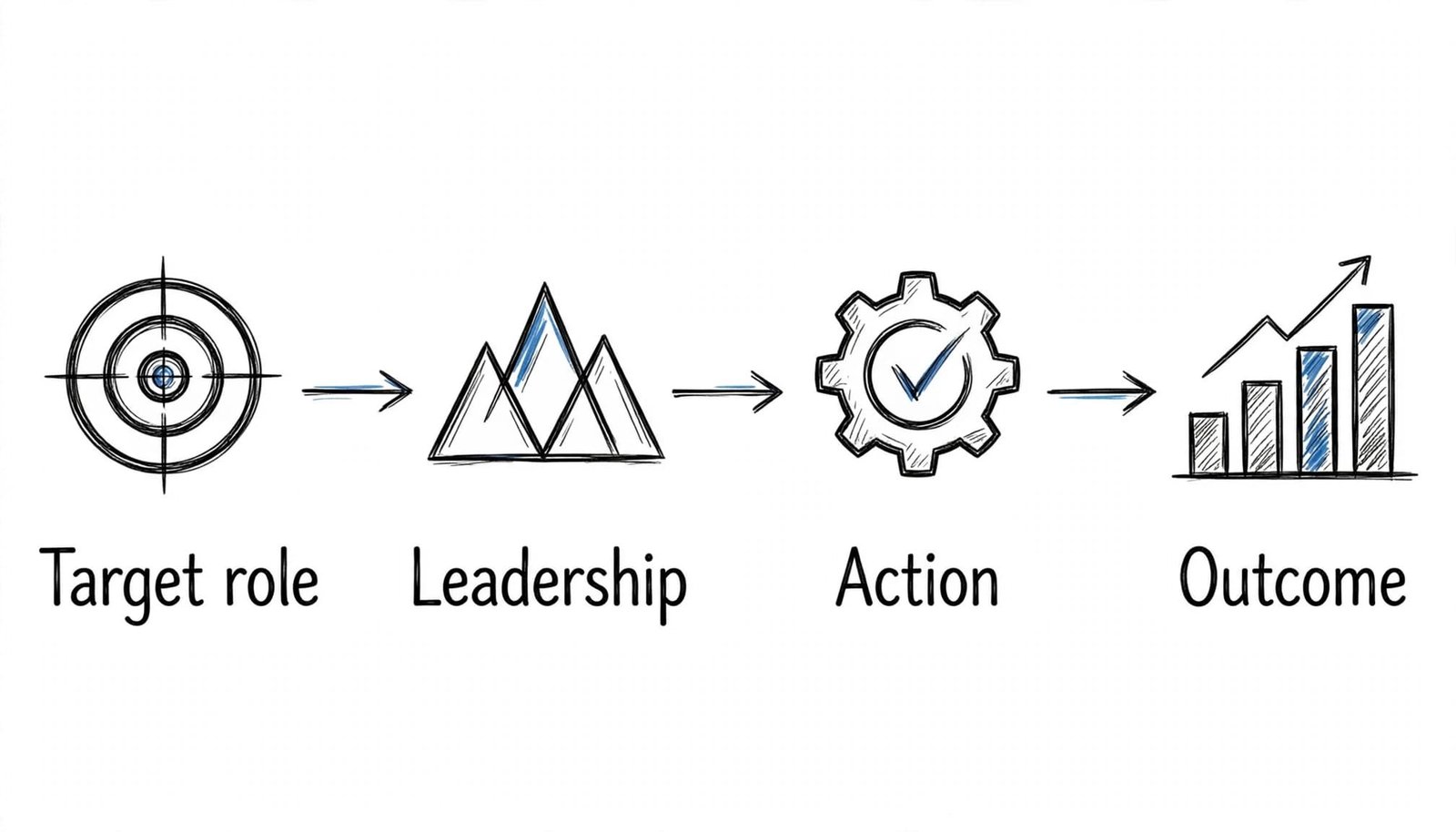 Four labeled resume stages connect from target role to measurable outcome.