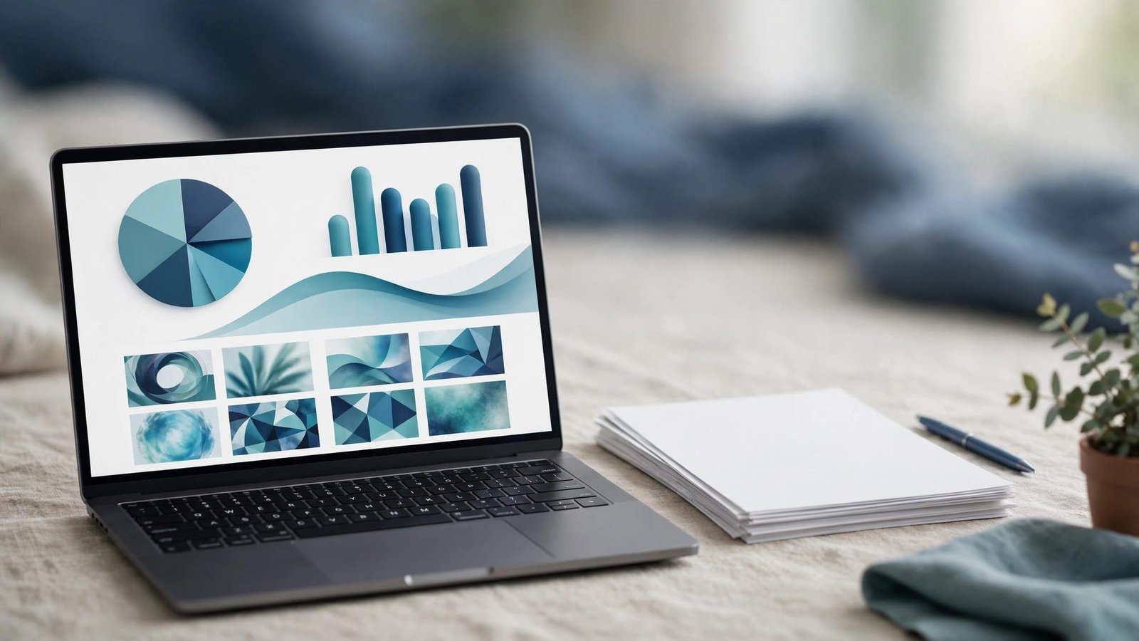 Laptop with a portfolio dashboard beside blank resume pages and a pen.