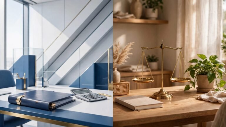 Split-screen offices show a job folder, calculator, scale, notebook, and plant.