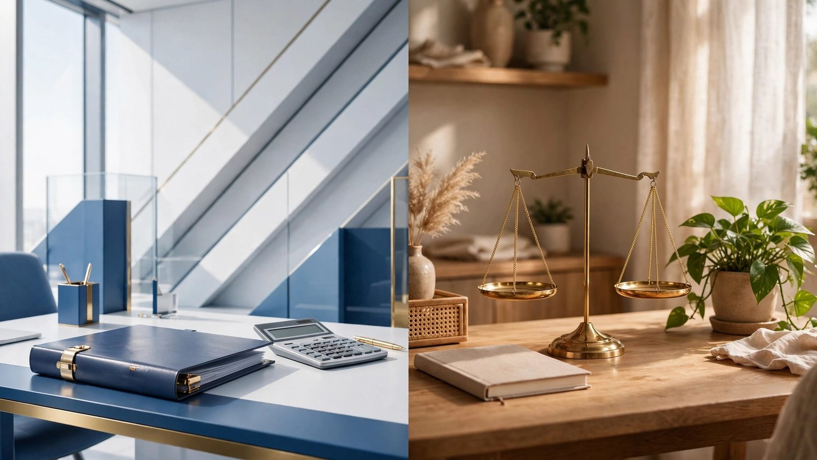 Split-screen offices show a job folder, calculator, scale, notebook, and plant.