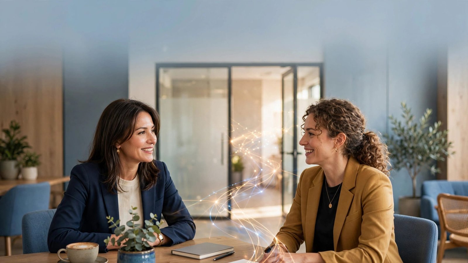 A woman talks with a recruiter in a bright coworking space near a glass doorway.