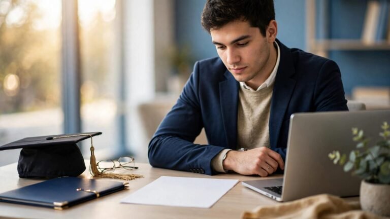 A graduate reviews a blank resume beside a cap, diploma folder, and laptop.