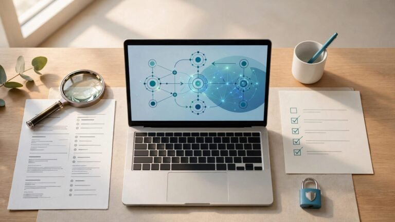 Desk with a laptop, resume, checklist, magnifying glass, and lock symbol.
