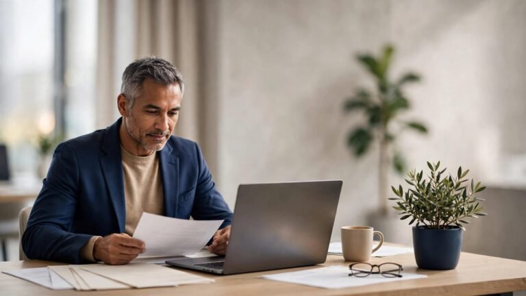 A mature professional reviews printed resume pages beside a laptop at a bright office desk.