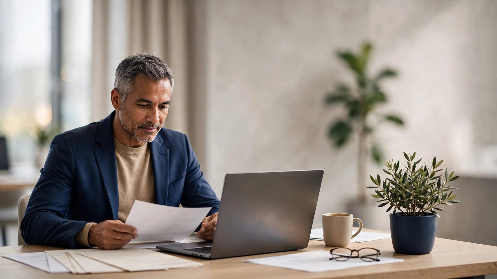A mature professional reviews printed resume pages beside a laptop at a bright office desk.