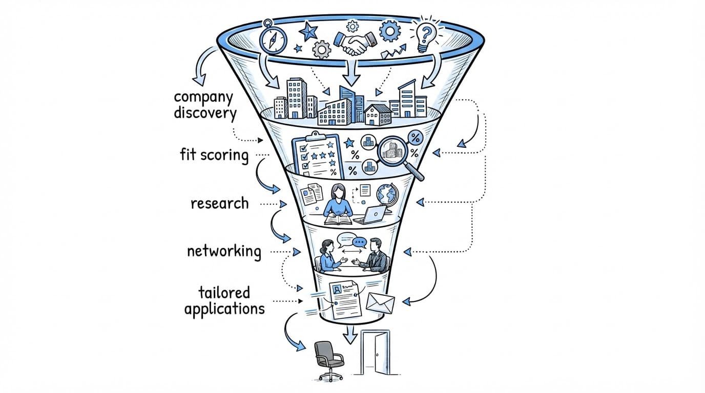 Ink illustration of a job search narrowing from career goals to company research and interviews.