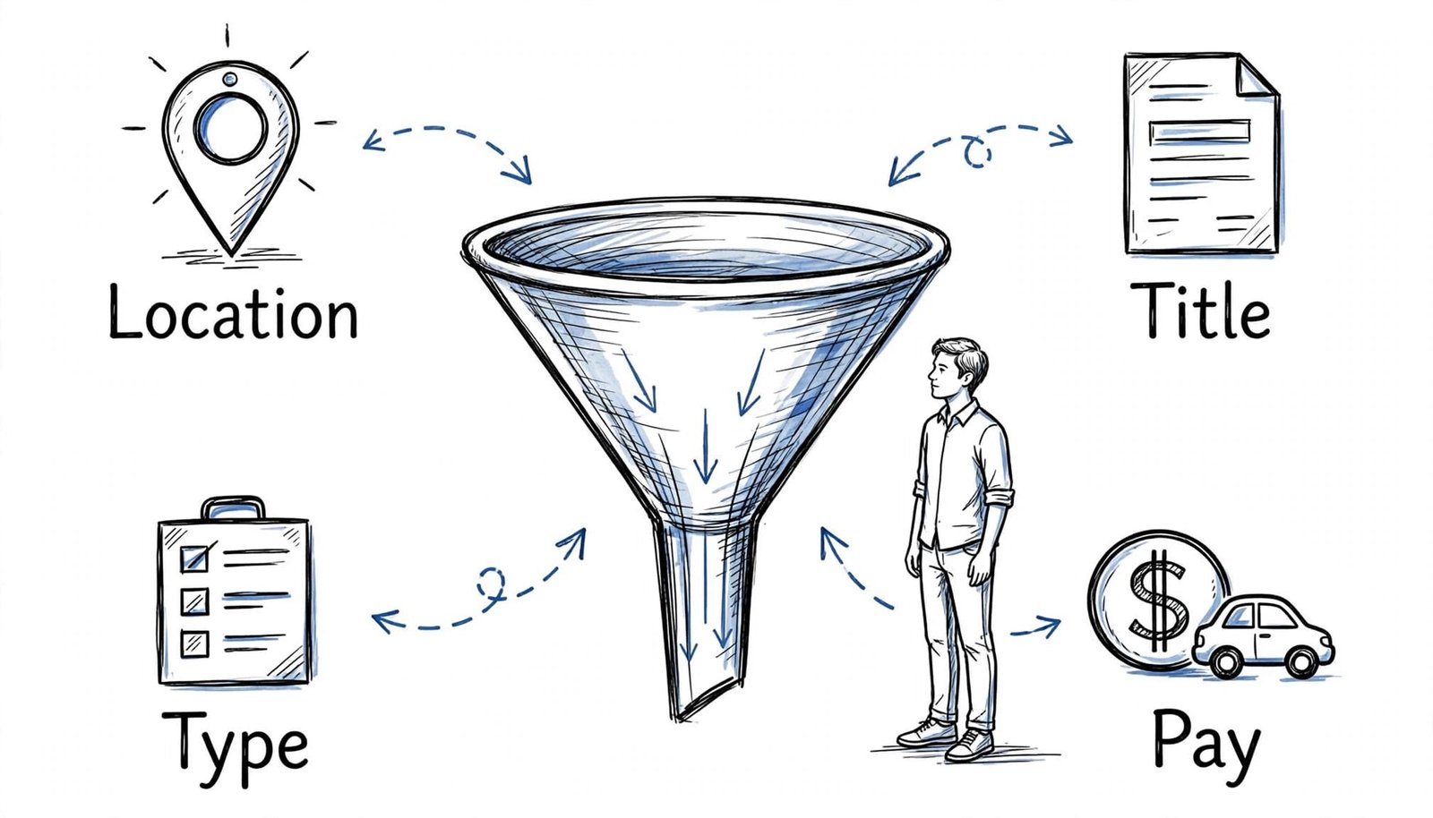A person beside a funnel sorting saved searches by title, location, type, and pay.