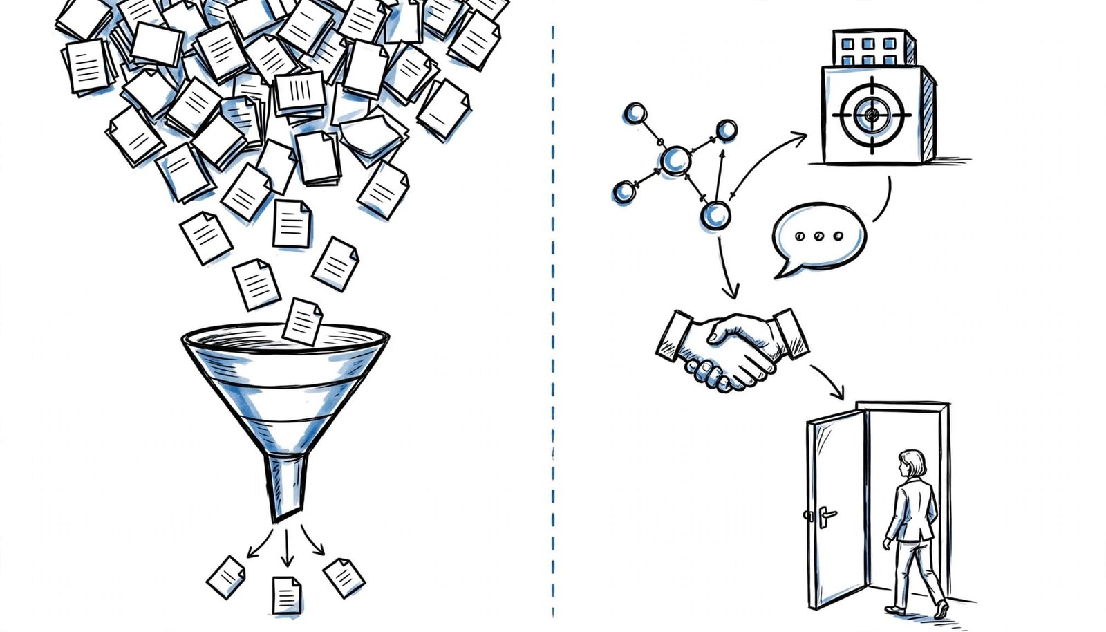 Illustration comparing mass job applications with networking and referrals toward an open hiring opportunity.