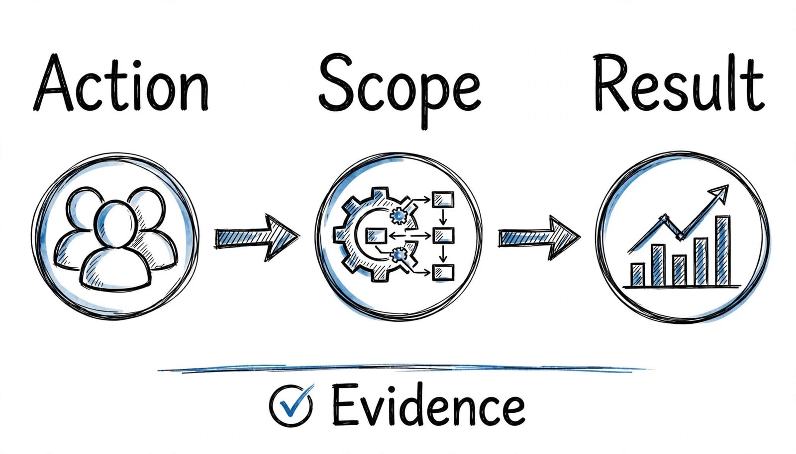 A hand-drawn diagram links leadership action and organizational scope to a rising financial chart.