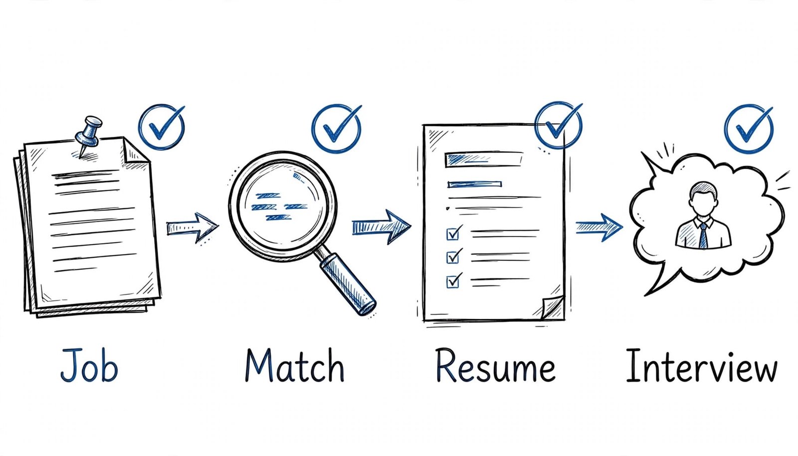 Four-step infographic showing a job description, keyword match, tailored resume, and interview preparation.