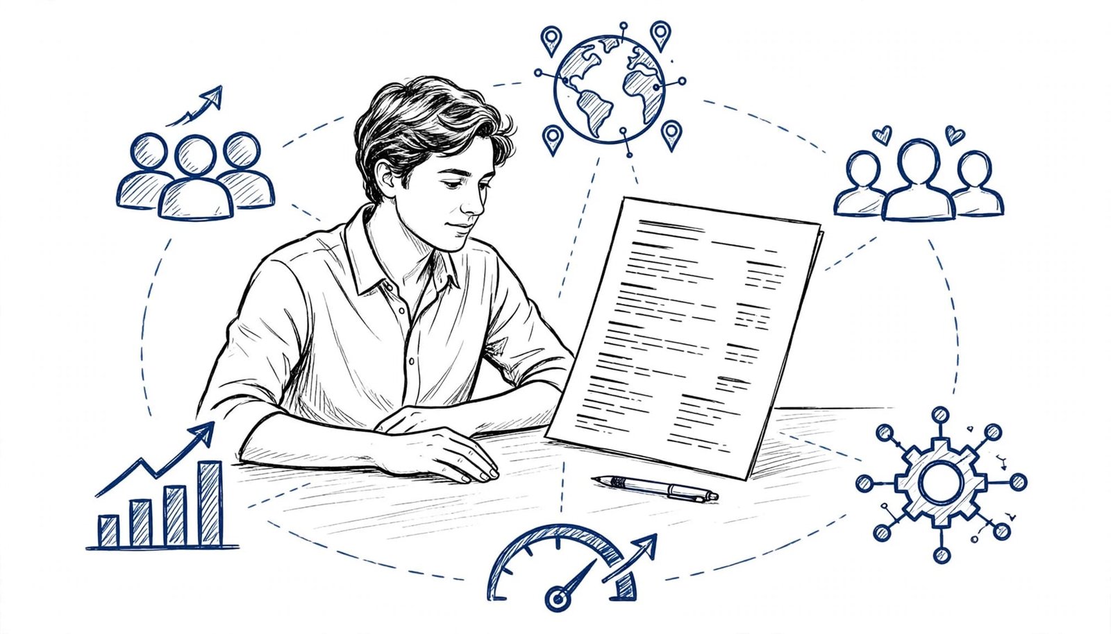 A job seeker reviews a resume beside blue symbols showing career achievements.